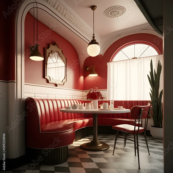 Fototapeta 1950's dinner, white ceiling, red detailed, view on the counter and booths, AI generated

