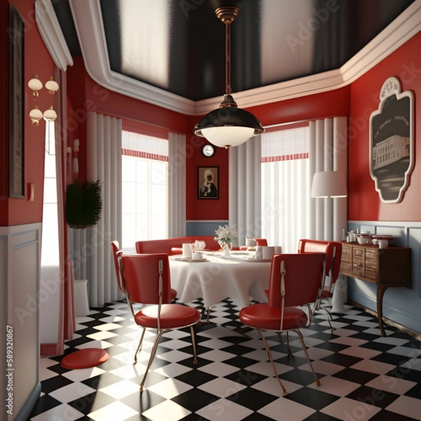 Fototapeta 1950's dinner, white ceiling, red detailed, view on the counter and booths, AI generated
