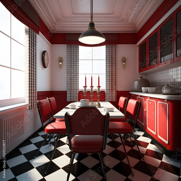 Fototapeta 1950's dinner, white ceiling, red detailed, view on the counter and booths, AI generated
