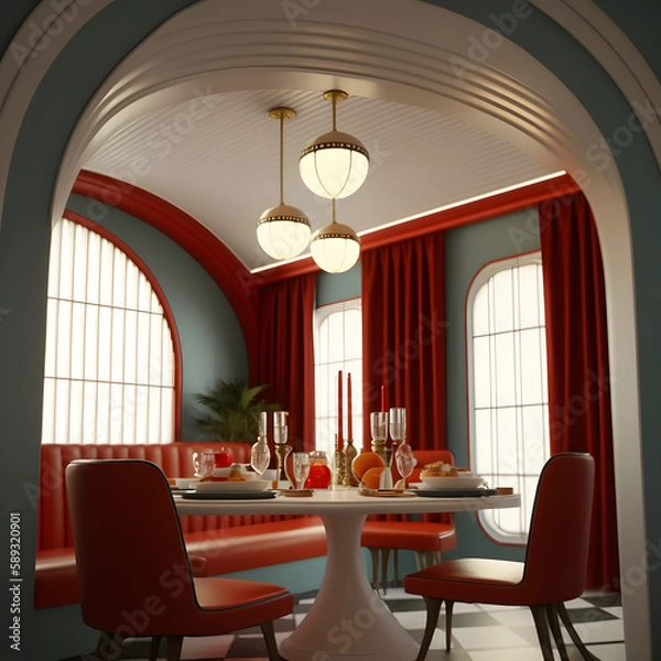 Fototapeta 1950's dinner, white ceiling, red detailed, view on the counter and booths, AI generated
