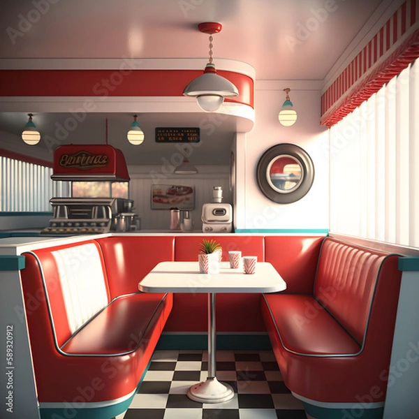 Fototapeta 1950's dinner, white ceiling, red detailed, view on the counter and booths, AI generated
