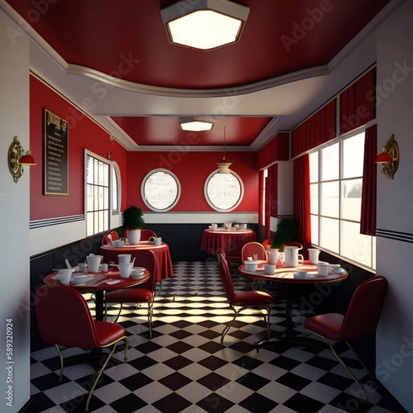 Fototapeta 1950's dinner, white ceiling, red detailed, view on the counter and booths, AI generated
