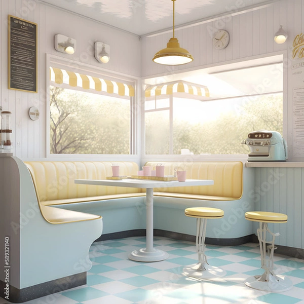 Fototapeta 1950's dinner, white ceiling, yellow detailed, view on the counter and booths, AI generated
