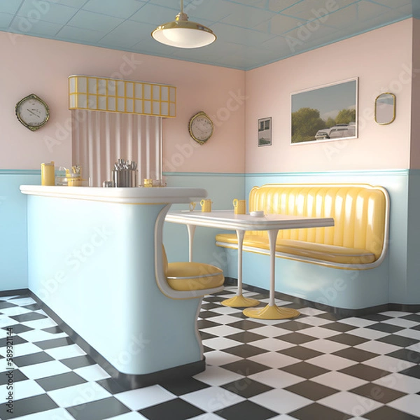 Fototapeta 1950's dinner, white ceiling, yellow detailed, view on the counter and booths, AI generated
