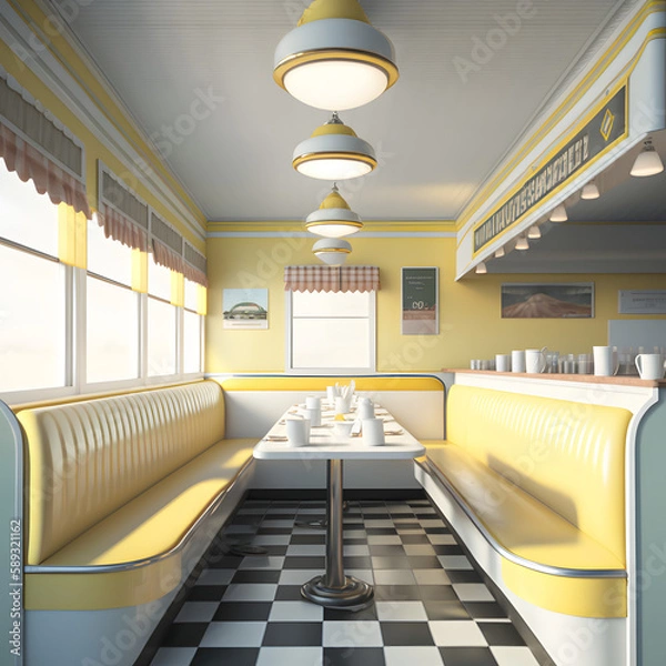 Fototapeta 1950's dinner, white ceiling, yellow detailed, view on the counter and booths, AI generated

