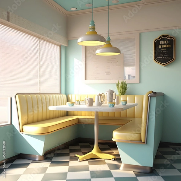 Fototapeta 1950's dinner, white ceiling, yellow detailed, view on the counter and booths, AI generated
