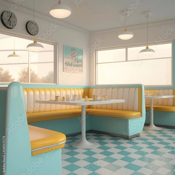 Fototapeta 1950's dinner, white ceiling, yellow detailed, view on the counter and booths, AI generated
