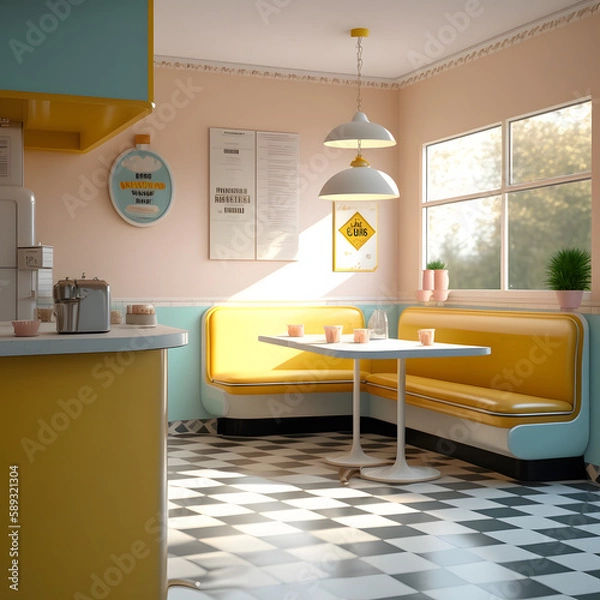 Fototapeta 1950's dinner, white ceiling, yellow detailed, view on the counter and booths, AI generated
