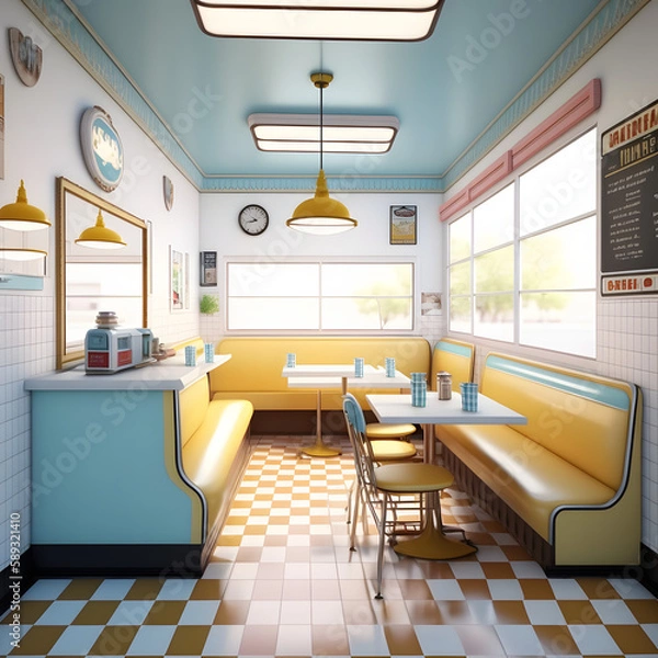 Fototapeta 1950's dinner, white ceiling, yellow detailed, view on the counter and booths, AI generated
