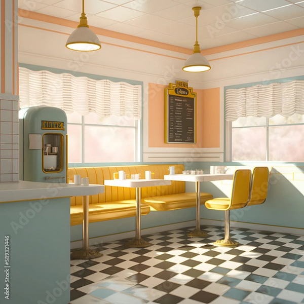 Fototapeta 1950's dinner, white ceiling, yellow detailed, view on the counter and booths, AI generated
