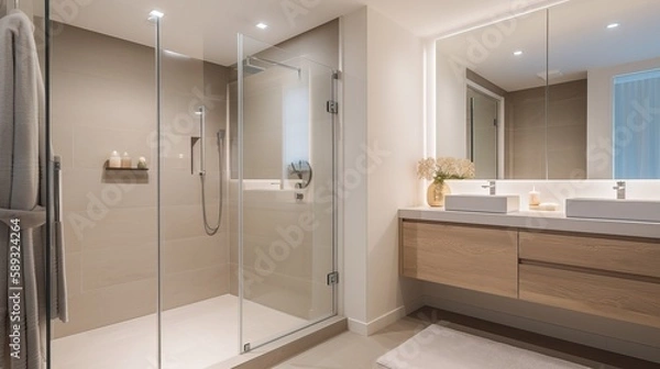 Obraz Modern Bathroom Interior with Spacious Walk-In Shower Generative AI	