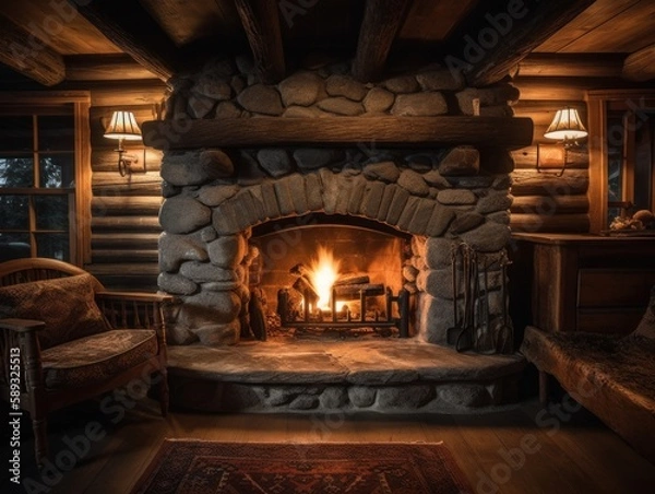 Fototapeta A cozy, lit fireplace in a cabin