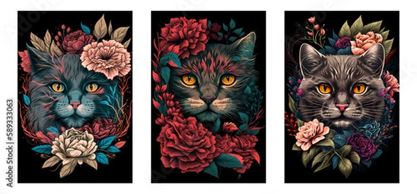 Fototapeta Cat Face in Deep Colored Peonies Flower Illustration for Wall Frames: Aesthetic Decor and Abstract, Generative AI
