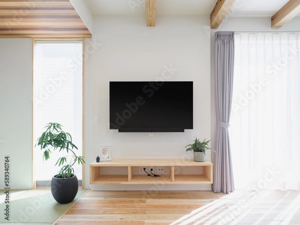 Obraz 壁掛けテレビが正面にある新築住宅のリビング