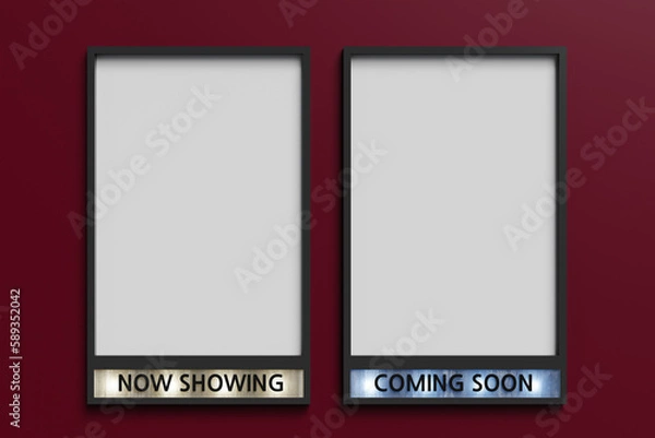 Obraz Now showing and Coming soon movie poster mockup on red wall, 3d rendering