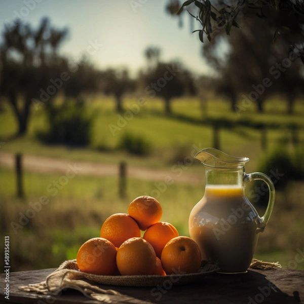 Fototapeta Uma jarra de suco de laranja com várias frutas alaranjadas ao redor da jarra em uma fazenda com a paisagem maravilhosa e o gramado verde em um dia ensolarado.