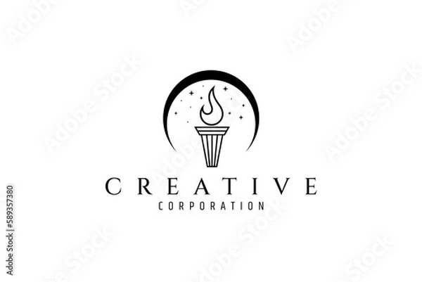 Fototapeta torch logo under crescent moon decorated with twinkling stars in flat design style