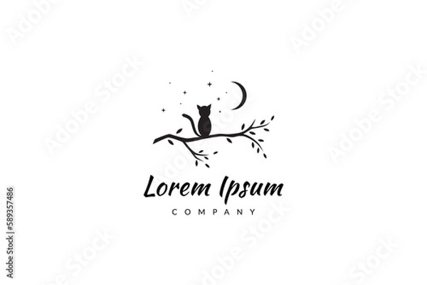 Fototapeta vector logo illustration of a cat sitting on a tree branch at night under the moon and stars