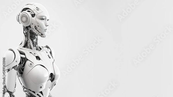 Fototapeta humanoid robot with futuristic technology in white color. Concept of artificial intelligence, technological future and science fiction. Post-processed generative AI