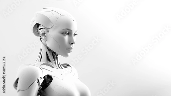 Fototapeta humanoid robot with futuristic technology in white color. Concept of artificial intelligence, technological future and science fiction. Post-processed generative AI