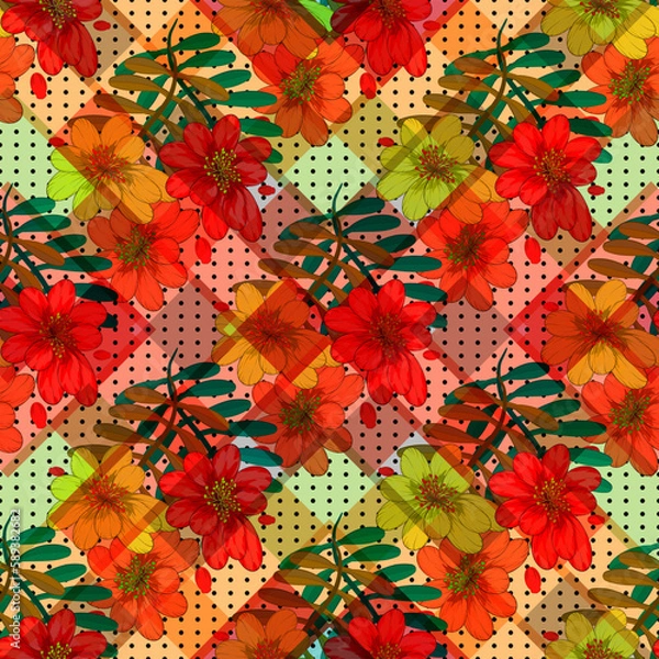 Obraz Vector floral ethnic seamless pattern in doodle style with flowers and leaves. Gentle, spring, summer floral background.