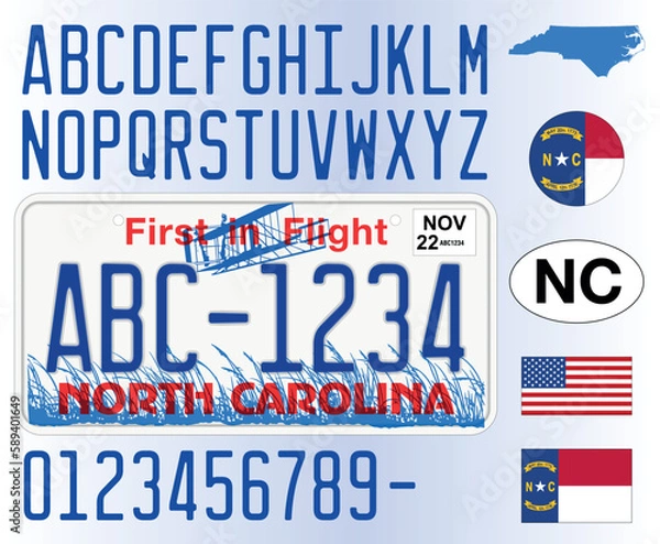 Fototapeta North Carolina car license plate pattern, letters, numbers and symbols, vector illustration, USA