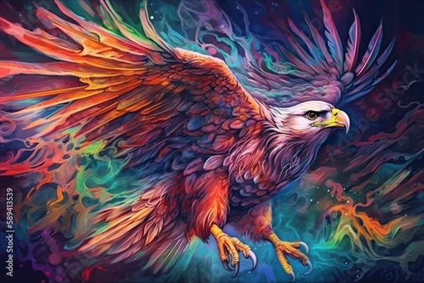 Fototapeta surreal flying eagle, colorful art, Generative AI