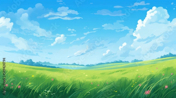 Fototapeta Letnie pola, krajobraz wzgórz, zielona trawa, niebieskie niebo z chmurami, ilustracją malowania kreskówek w stylu płaskim. Generatywny AI.