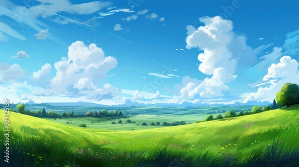 Fototapeta Summer fields, hills landscape, green grass, blue sky with clouds, flat style cartoon painting illustration. Generative AI.