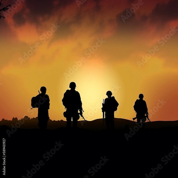 Fototapeta Silhouettes of Army soldiers walking at dusk.