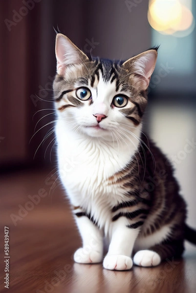 Fototapeta Portrait of a adorable cat, funny and cute face closeup, isolated on beautiful bokeh background, created with generative ai
