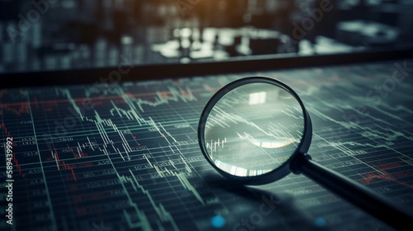 Fototapeta Magnifying glass search of investing and stock market created with. Generative ai