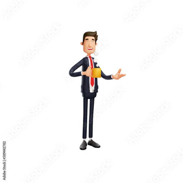 Fototapeta 3D illustration. 3D cartoon illustration of a man drinking a cup of coffee. with one open hand. showing a smiling expression. 3D Cartoon Character