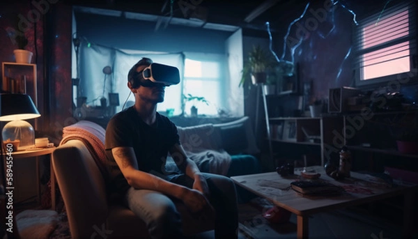 Fototapeta Happy man in virtual reality glasses in a mess in a room at home, escape from reality, virtual life concept, in neon light. Generative AI
