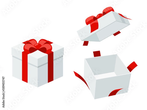 Fototapeta Open a mystery gift box with a red ribbon on isolated white background. Random secret loot box top view concept. Vector illustration cartoon isometric flat design.