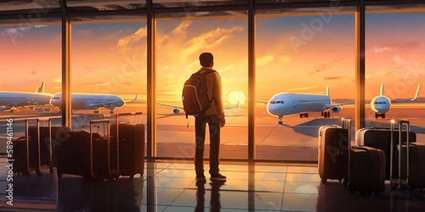 Fototapeta A calm male tourist, stands in the airport looking around with anticipation. He is ready to embark on his journey, eager to explore the world and experience new cultures. generative ai.