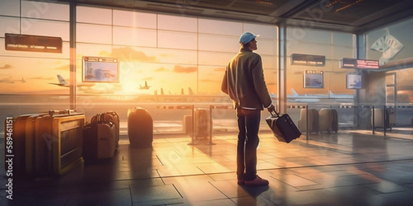 Fototapeta A calm male tourist, stands in the airport looking around with anticipation. He is ready to embark on his journey, eager to explore the world and experience new cultures. generative ai.