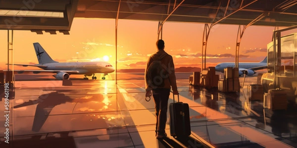 Fototapeta A calm male tourist, stands in the airport looking around with anticipation. He is ready to embark on his journey, eager to explore the world and experience new cultures. generative ai.