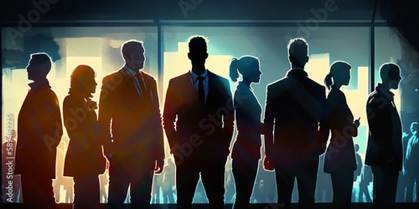 Fototapeta A group of corporate business people standing in silhouette, looking close to one another. They are all united, ready to work together and make their dreams a reality. generative ai.