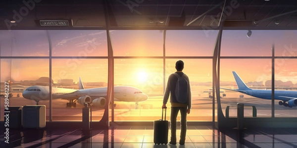 Fototapeta A calm male tourist, stands in the airport looking around with anticipation. He is ready to embark on his journey, eager to explore the world and experience new cultures. generative ai.