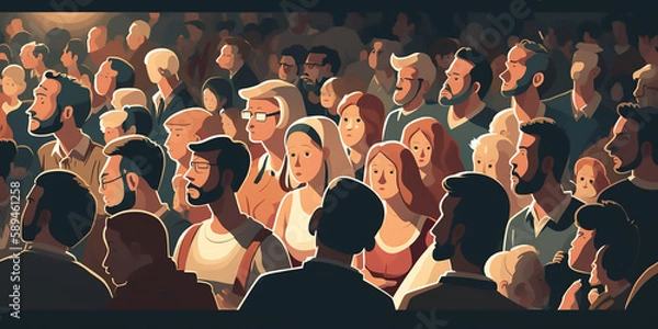 Fototapeta A large group of people stand together in a crowd, forming a vibrant crowd. The seamless background makes it seem as if they are all connected, creating a powerful atmosphere. generative ai.
