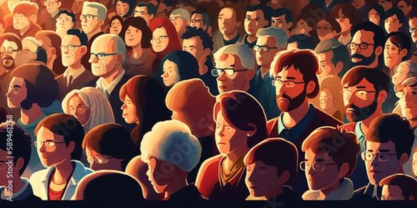 Fototapeta A large group of people stand together in a crowd, forming a vibrant crowd. The seamless background makes it seem as if they are all connected, creating a powerful atmosphere. generative ai.
