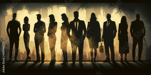 Fototapeta A group of corporate business people standing in silhouette, looking close to one another. They are all united, ready to work together and make their dreams a reality. generative ai.