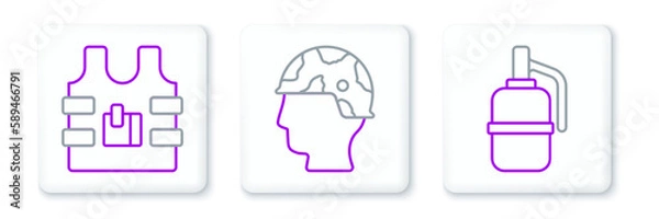 Fototapeta Set line Hand grenade, Bulletproof vest and Army soldier icon. Vector