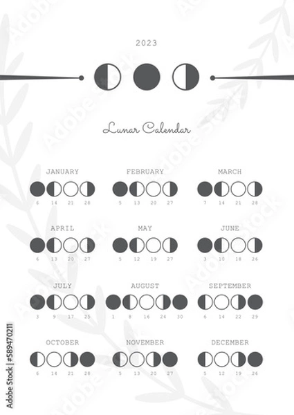 Fototapeta Moon Calendar 2023, Moon Phases 2023 Vector Illustration 