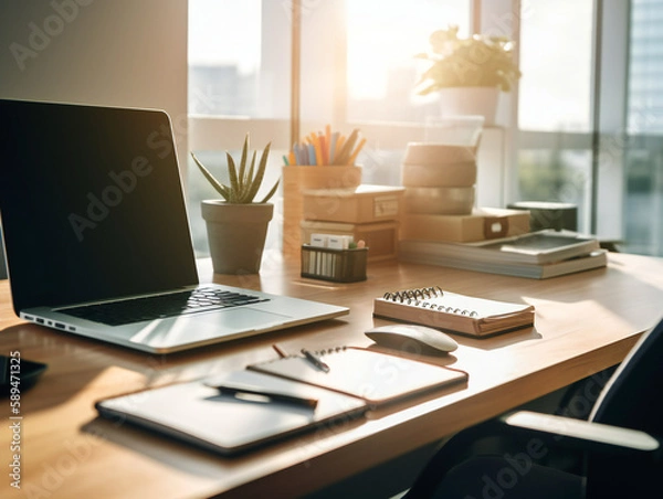 Fototapeta Organized Office Desk with Stationery, Clean Workspace, Productivity Boost, generative AI