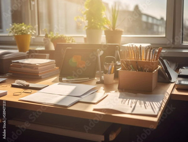 Fototapeta Organized Office Desk with Stationery, Clean Workspace, Productivity Boost, generative AI