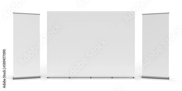 Fototapeta Exhibition Wall Banner Cloth Straight Display Stand and Roll Up Banners with a transparent background. 3D rendered for mockup and illustrations