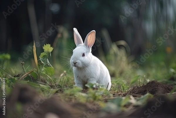 Fototapeta A cute white rabbit playing outdoors, made with generative ai