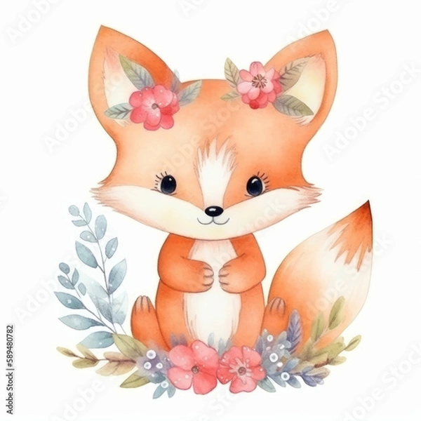 Obraz Cute watercolor fox. Illustration AI Generative